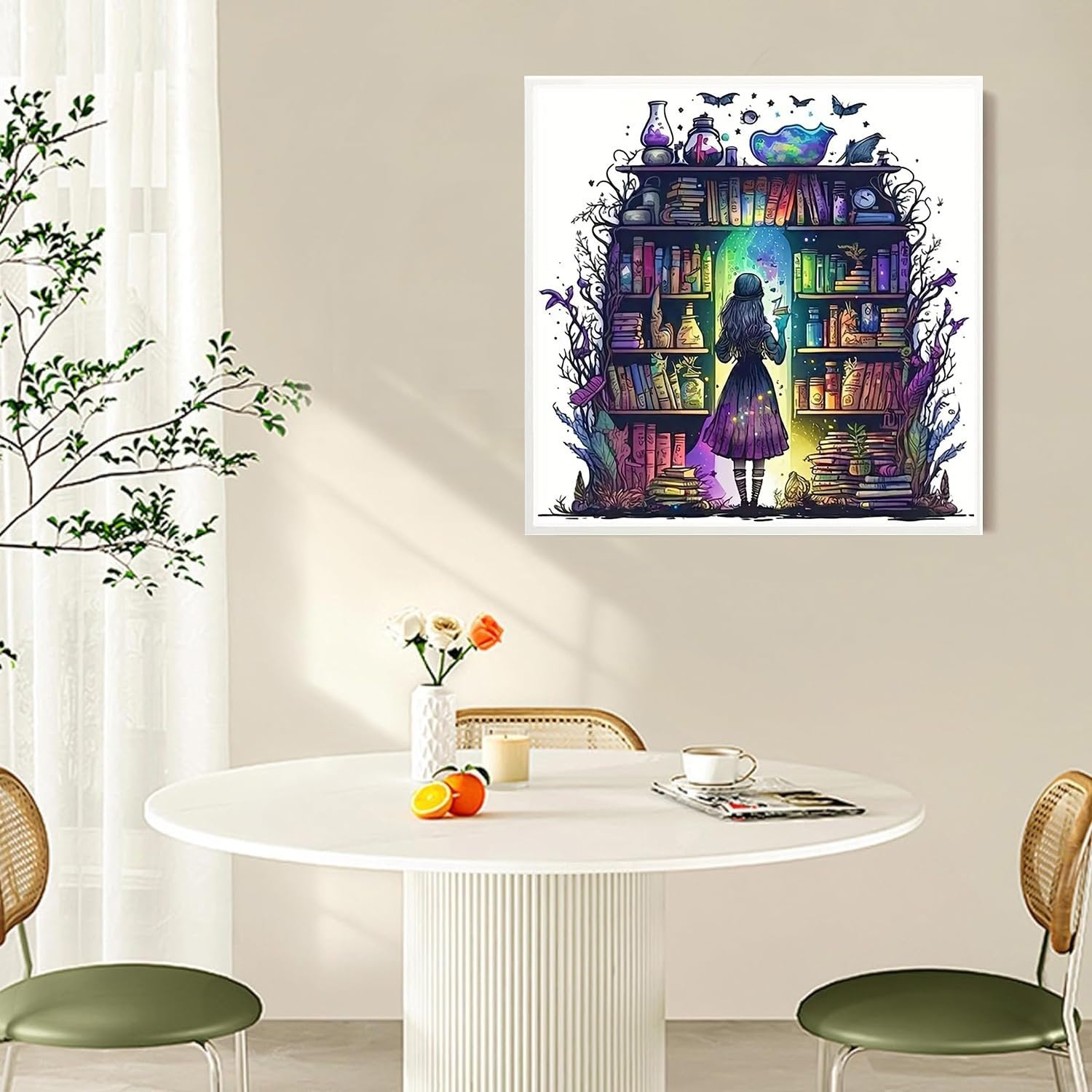 Diamond painting kit showing a girl in front of a magical bookshelf, displayed in a dining room setting.