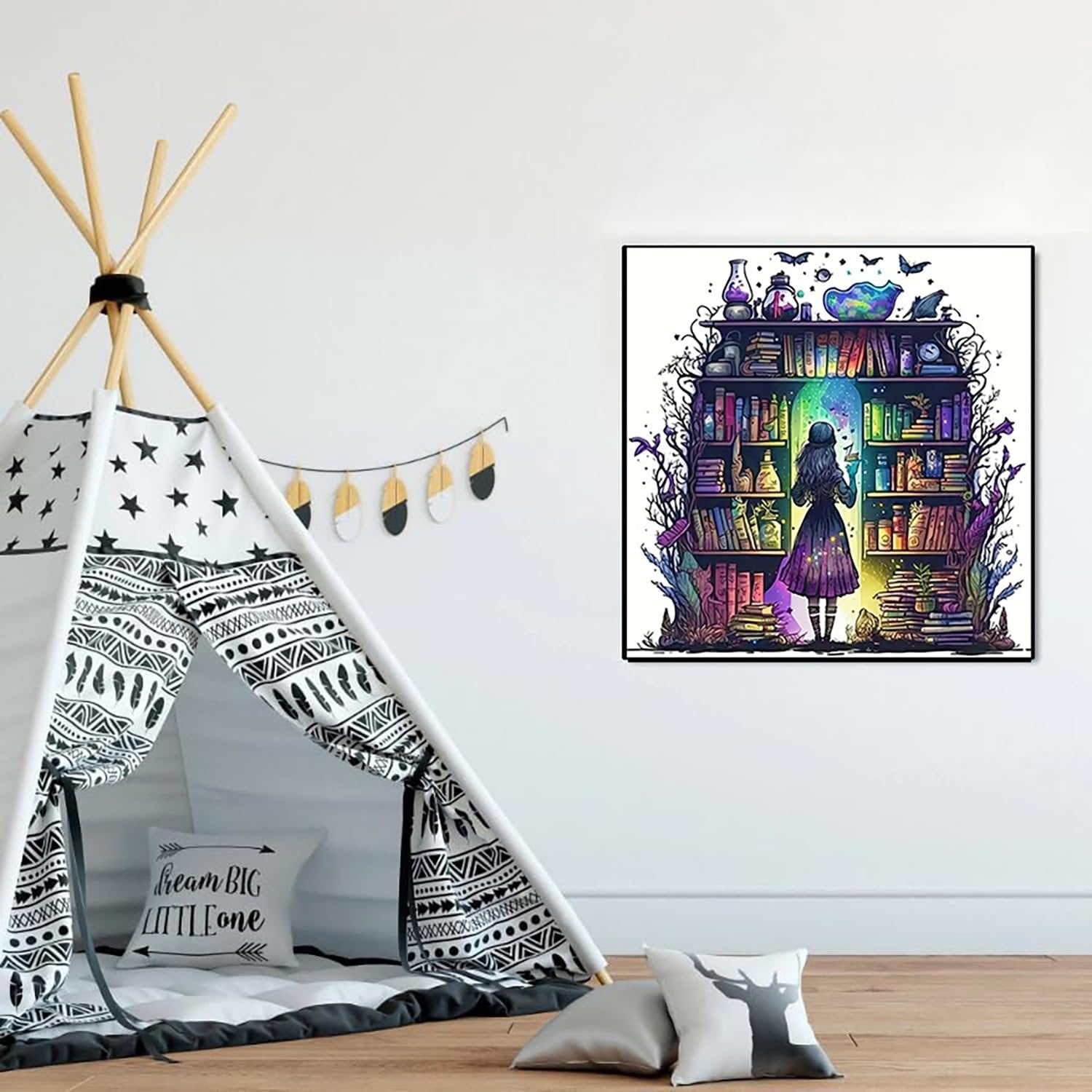 Diamond painting kit featuring a girl in front of a magical bookshelf, displayed in a child's room with a teepee.