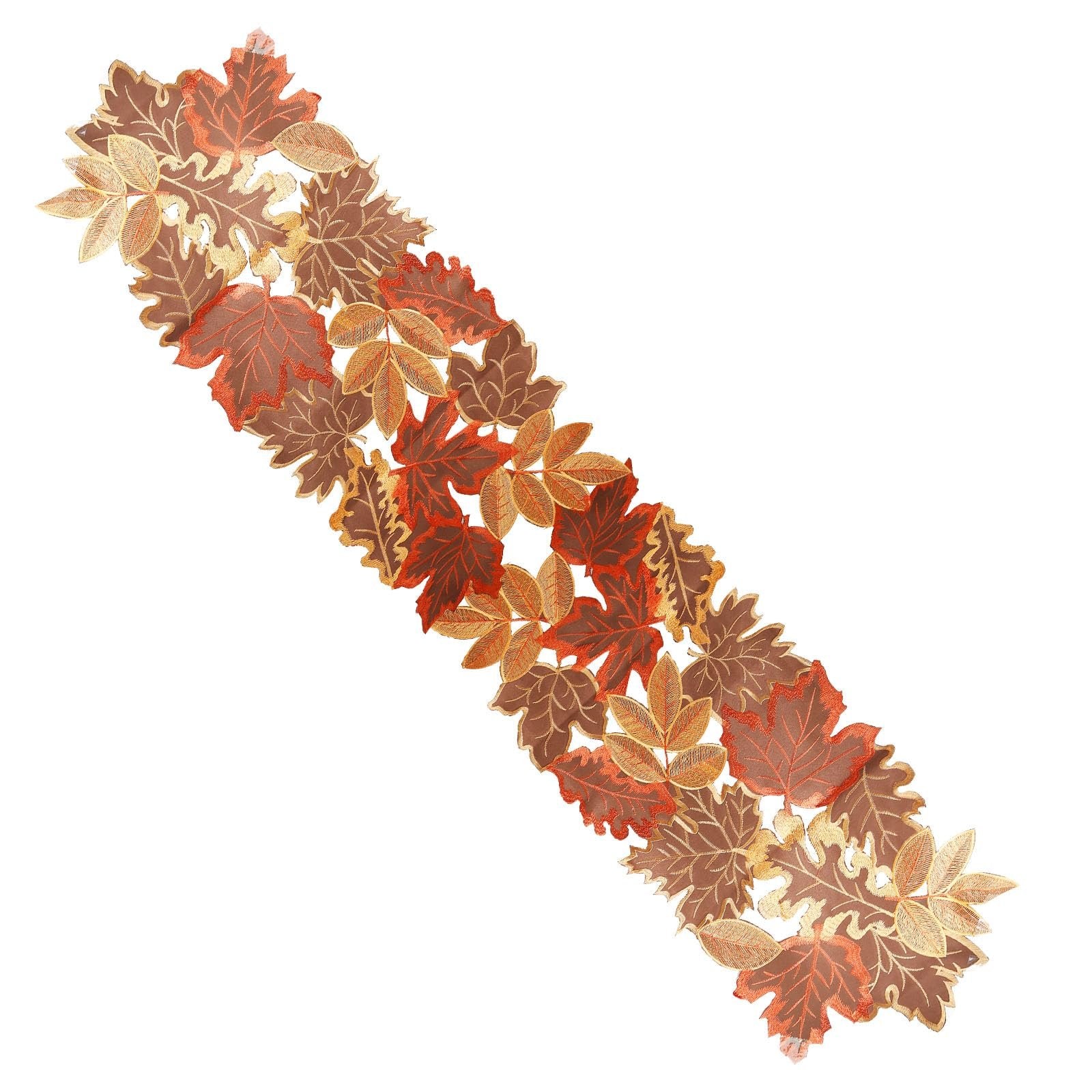 Embroidered fabric table runner with fall leaves in brown, orange, and gold.