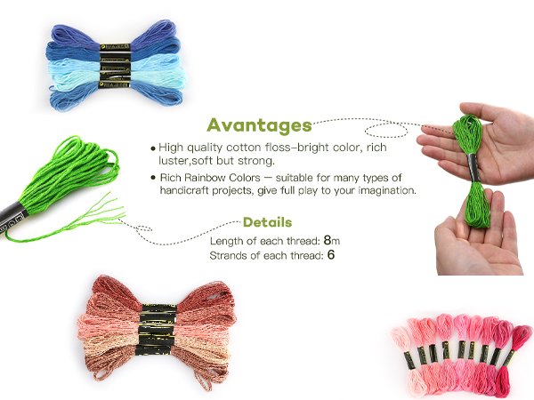 Assortment of colorful embroidery floss skeins in various shades of blue, green, pink, and brown, with text detailing advantages and specifications.