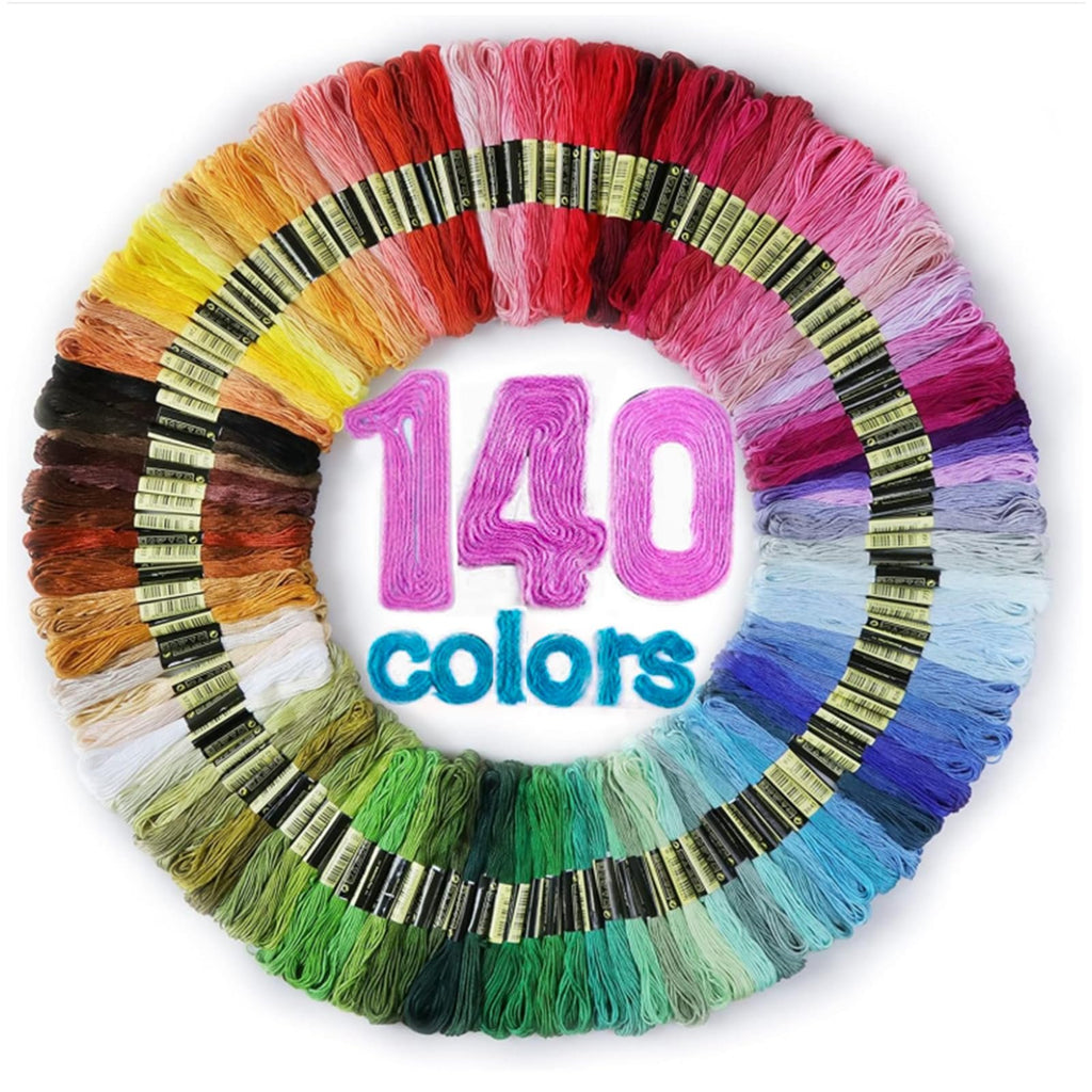 Circular arrangement of 140 embroidery floss skeins in a rainbow of colors, with '140 colors' text in the center.
