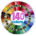 Circular arrangement of 140 embroidery floss skeins in a rainbow of colors, with '140 colors' text in the center.