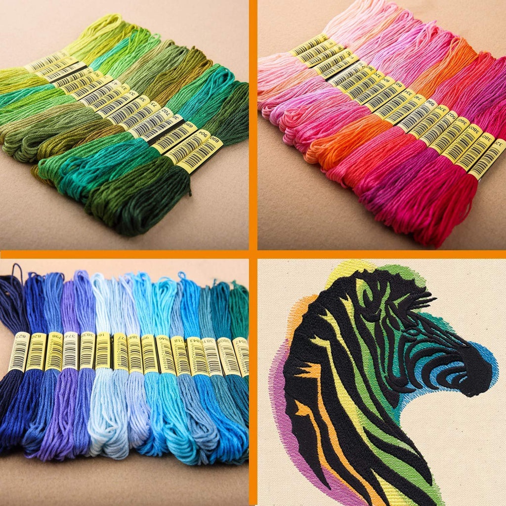 Four quadrants showing skeins of embroidery floss in green, pink, blue, and a colorful embroidered zebra head.