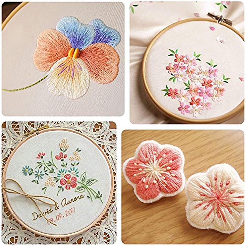 Collage of four embroidery projects: pansy, cherry blossoms, floral bouquet with names, and two embroidered flowers.