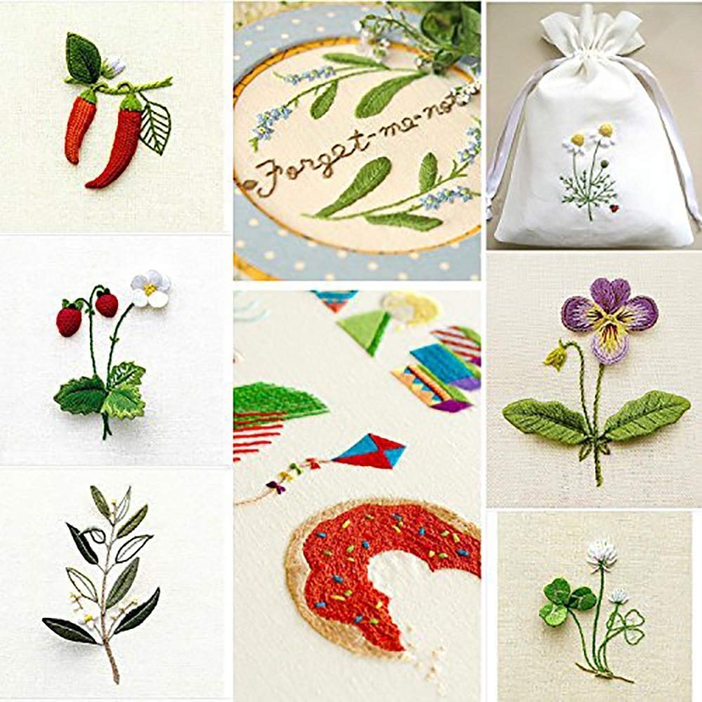 Collage of embroidered designs including chili peppers, forget-me-nots, a drawstring bag with daisies, strawberries, kites, a donut, a pansy, and clover.