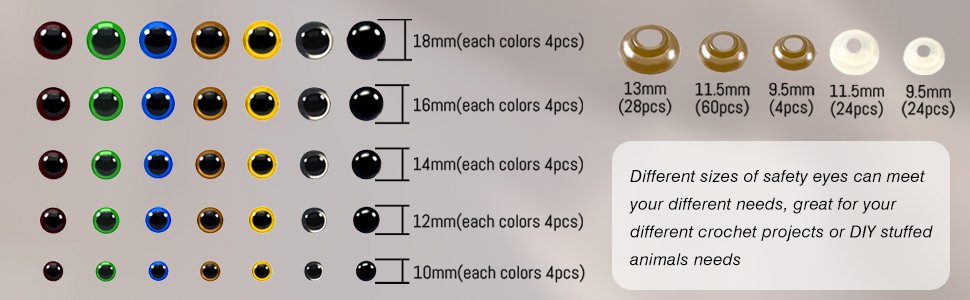 Assorted plastic safety eyes in various colors and sizes, with accompanying washers, displayed with size and quantity labels.