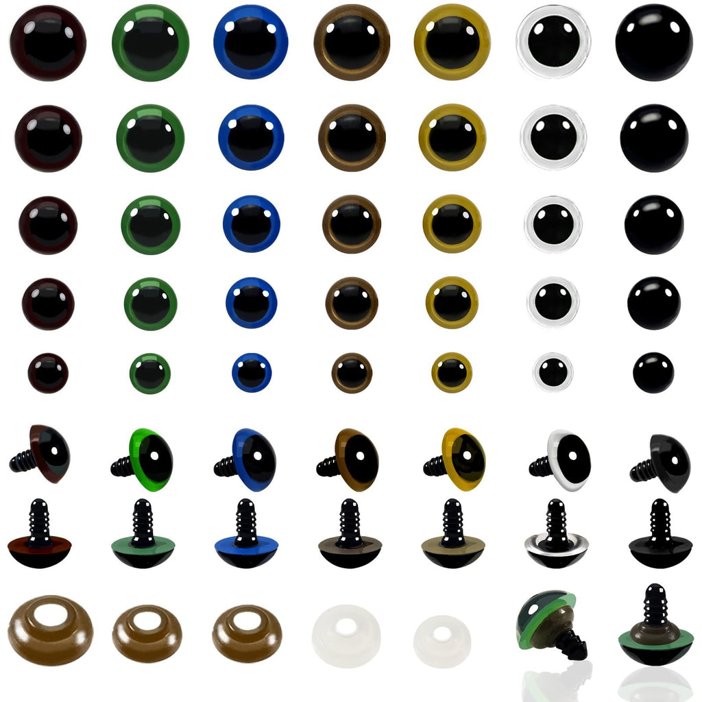 Assorted plastic safety eyes in various colors and sizes, with and without washers, arranged in rows on a white background.
