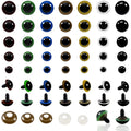 Assorted plastic safety eyes in various colors and sizes, with and without washers, arranged in rows on a white background.