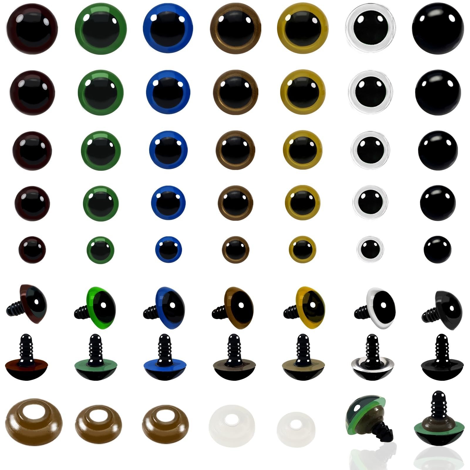 Assorted plastic safety eyes in various colors and sizes, with and without washers, arranged in rows on a white background.