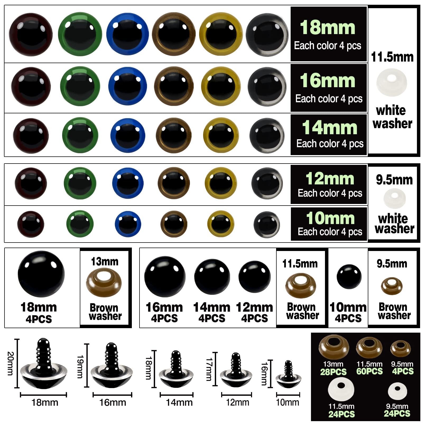 Assorted plastic safety eyes in various colors and sizes with washers and backings.