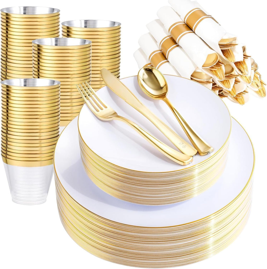 White and gold rim disposable dinnerware set including plates, cutlery, cups, and napkins