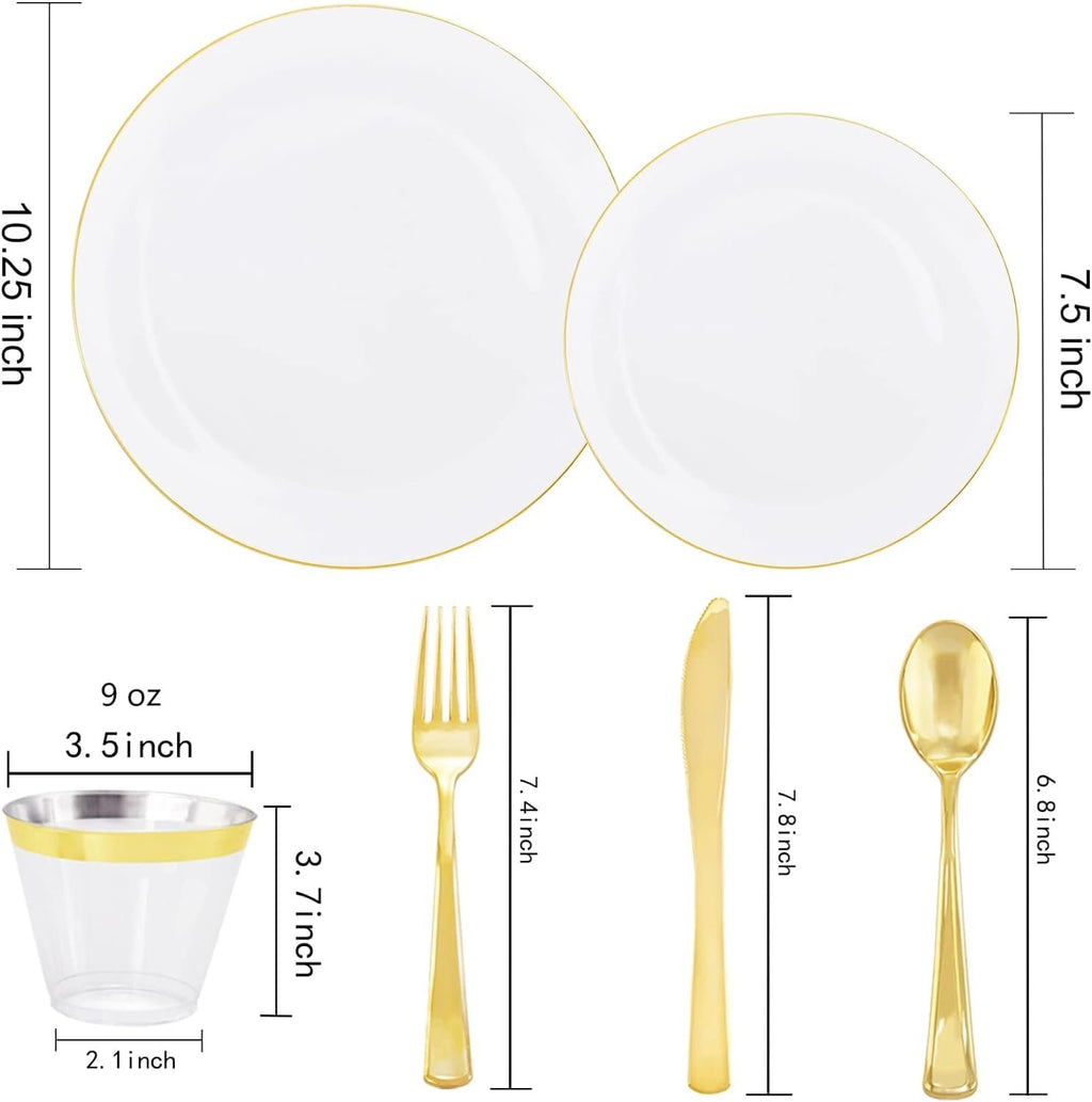 White and gold rim disposable dinnerware set including two plate sizes, cups, cutlery, and spoons with dimensions shown.