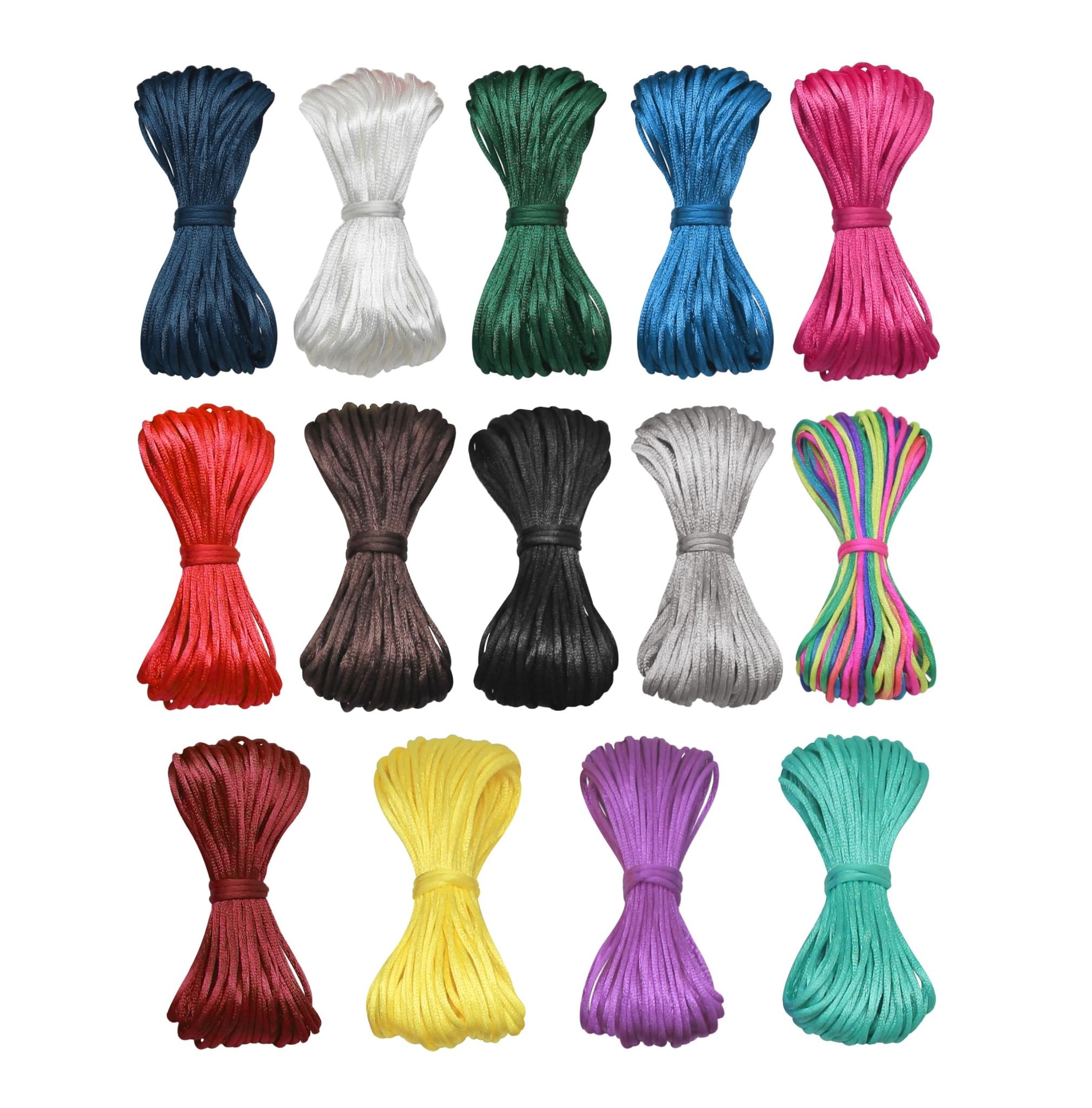 Collection of 14 bundles of satin nylon rattail cord in various colors, arranged in three rows on a white background.