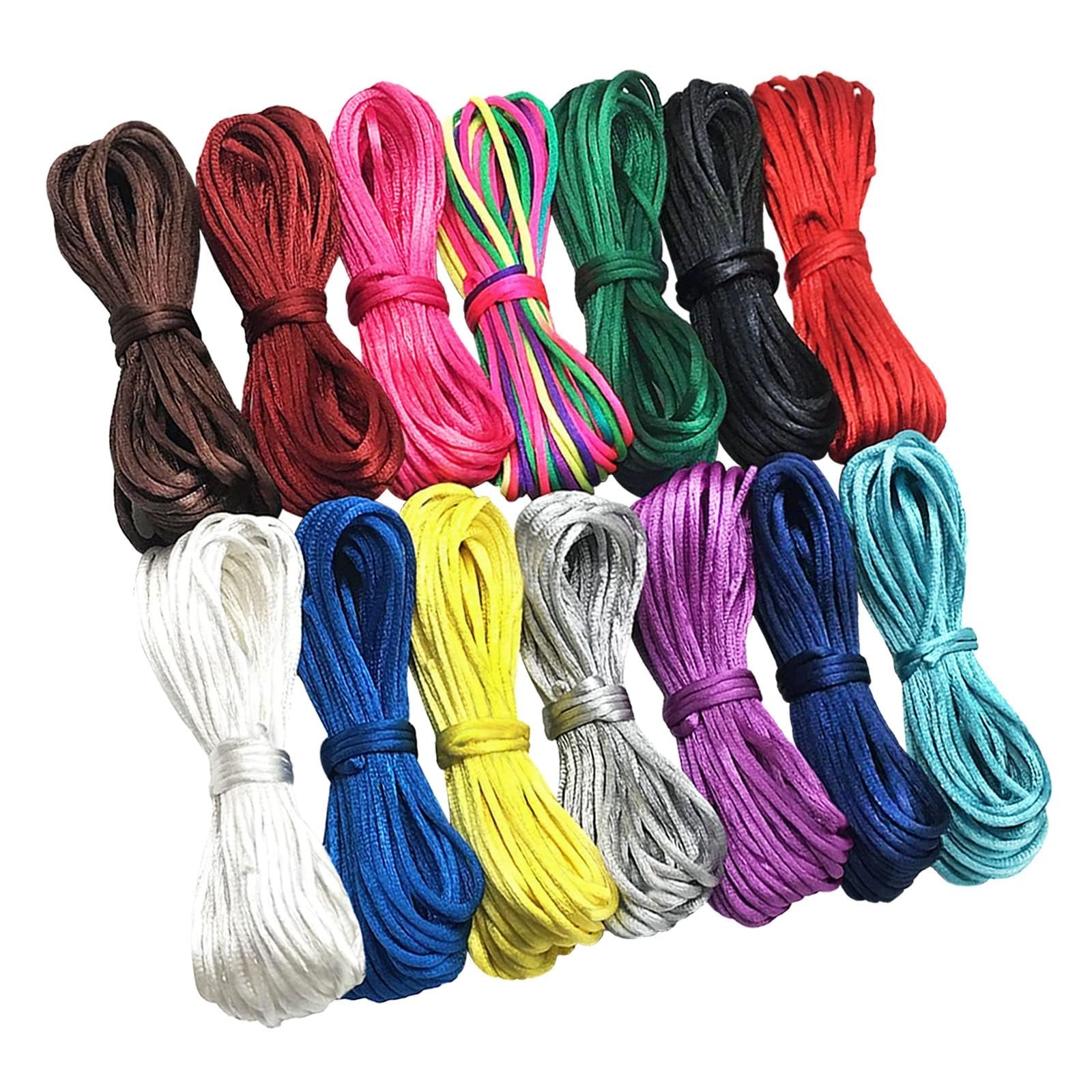 Collection of 14 spools of 2mm satin nylon rattail cord in various colors, arranged in two rows on a white background.