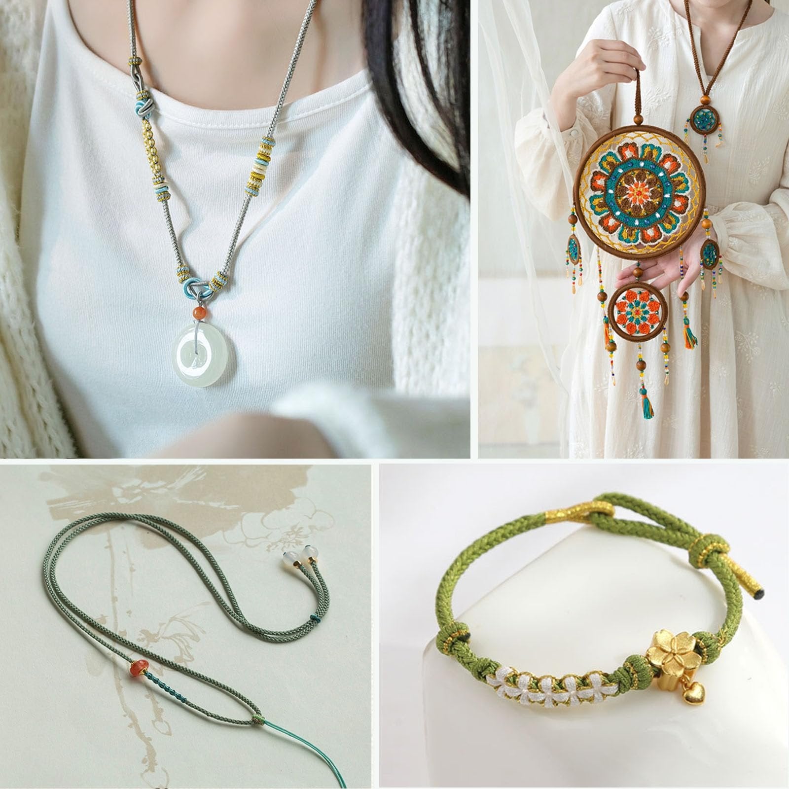 Collage of four images showing handmade jewelry: a necklace with a jade pendant, a dreamcatcher-style pendant with beaded tassels, a simple cord necklace, and a green braided bracelet with floral accents and a heart charm.