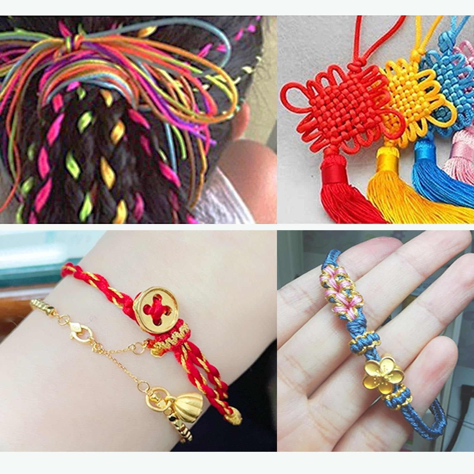 Collage of colorful cords used for crafts: braided hair with cords, Chinese knots, and bracelets.