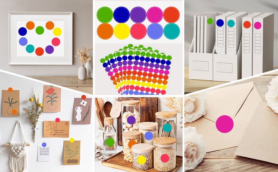 Collage of colorful dot stickers used for organization and decoration. Includes art, office supplies, jars, and envelopes.