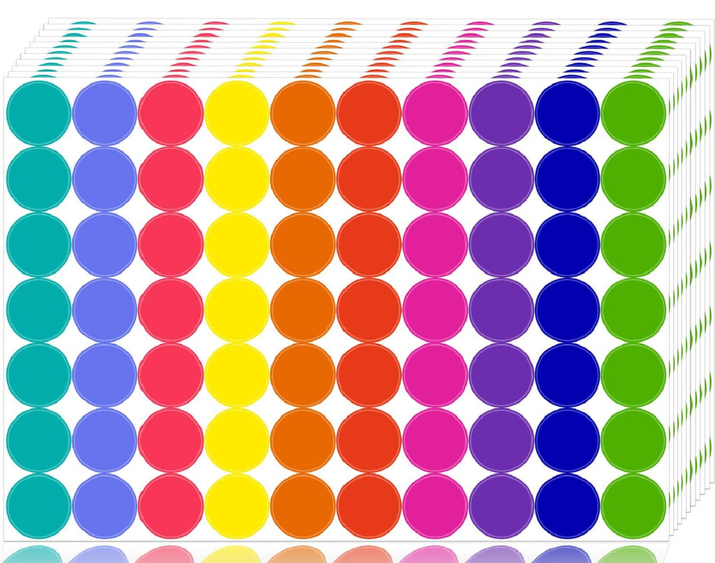 Stack of 10-color, 3/4 inch round dot stickers, viewed from an angle showing multiple sheets and rows of colorful dots.