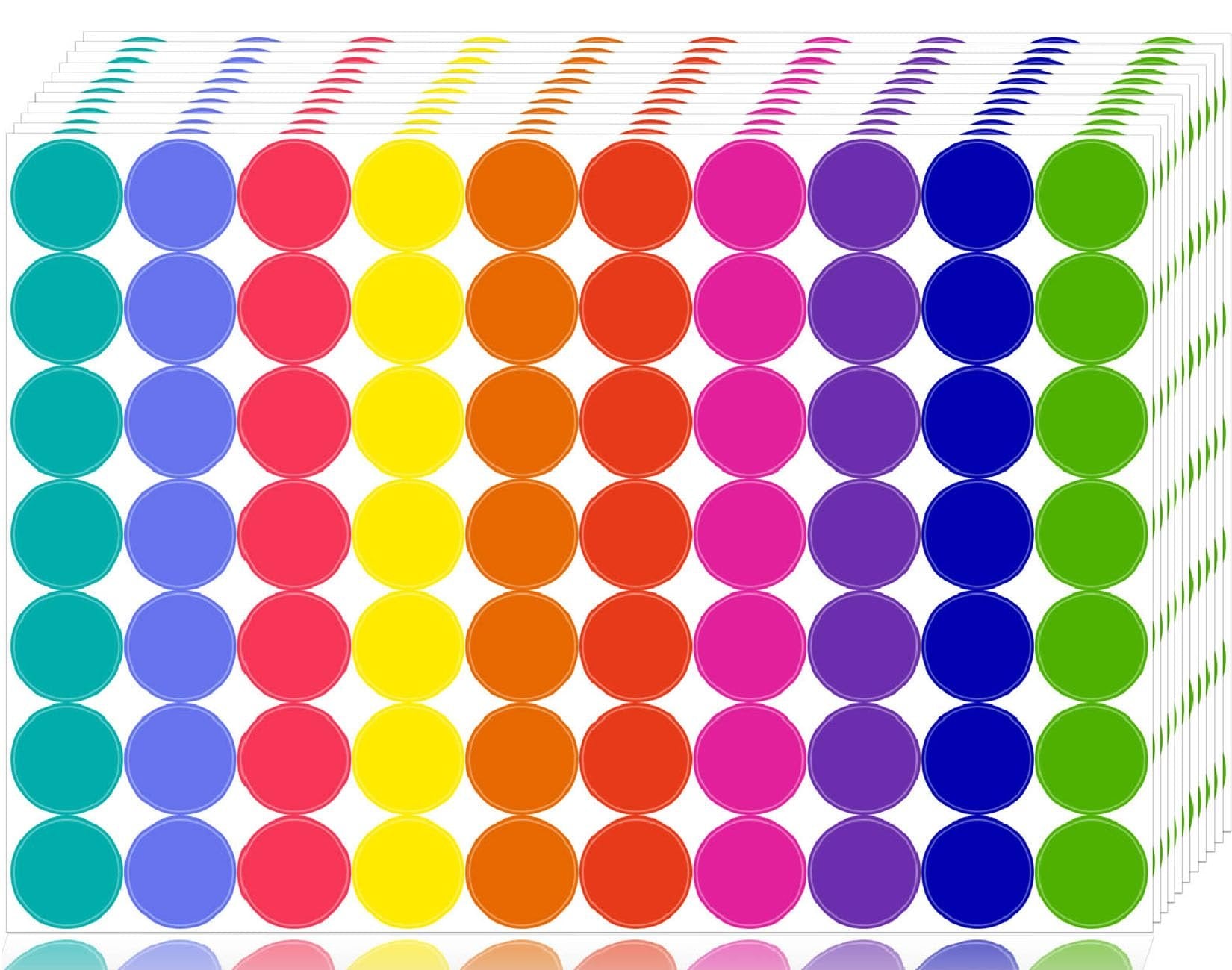 Stack of 10-color, 3/4 inch round dot stickers, viewed from an angle showing multiple sheets and rows of colorful dots.