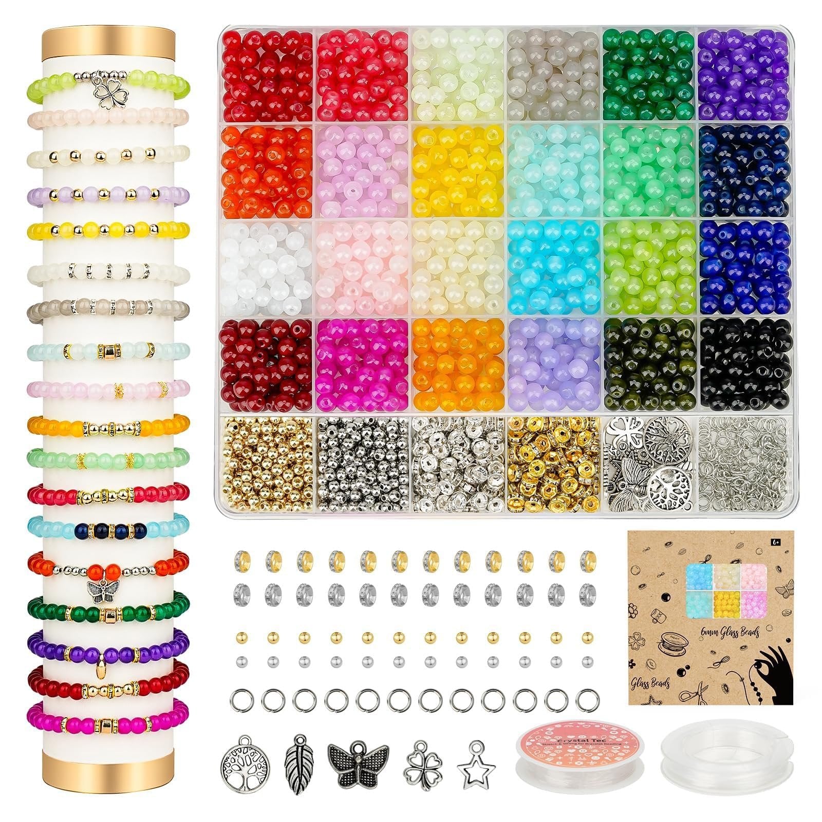 Bracelet making kit with 24 colors of glass beads, assorted accessories, and stretchy string, displayed with finished bracelets.