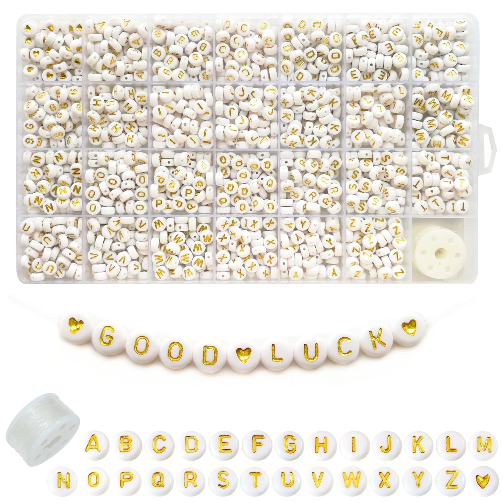 White acrylic letter beads with gold lettering and a heart charm, arranged in a storage box and as a string spelling 'GOOD LUCK'.