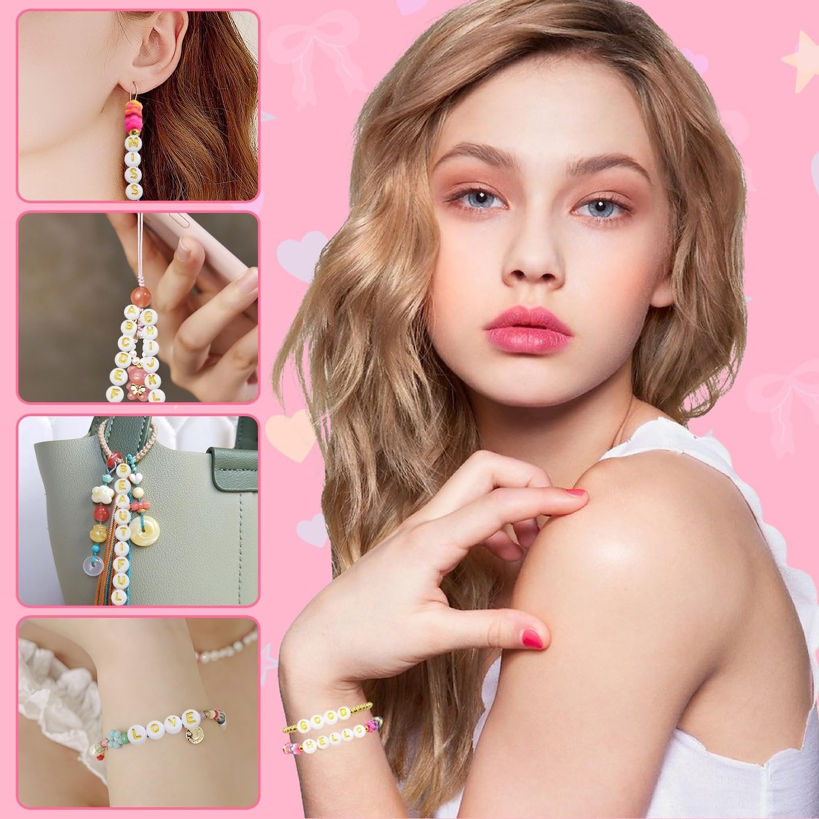 Collage of a young woman and DIY jewelry made with letter beads. Includes earrings, a phone charm, a bag charm, and bracelets.