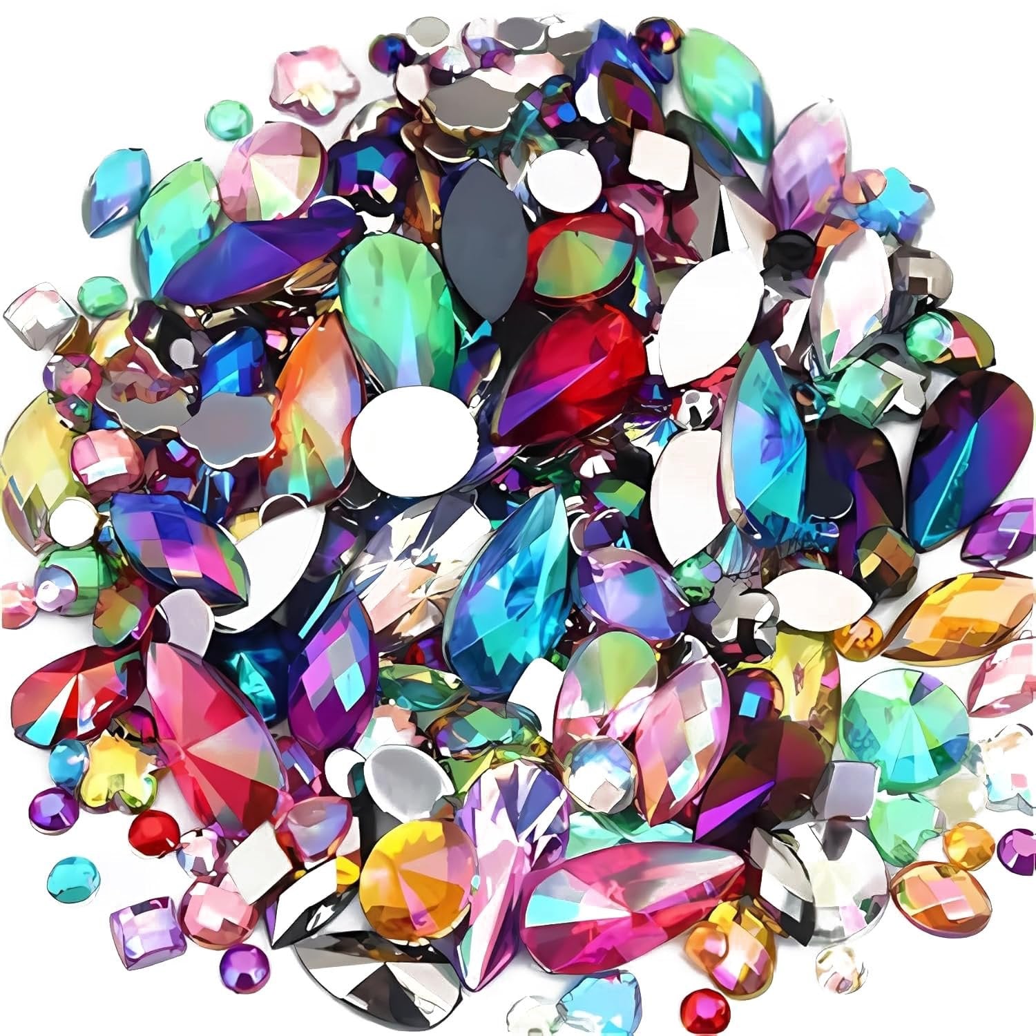 Pile of assorted AB flatback acrylic rhinestones in various shapes and iridescent colors on a white background.