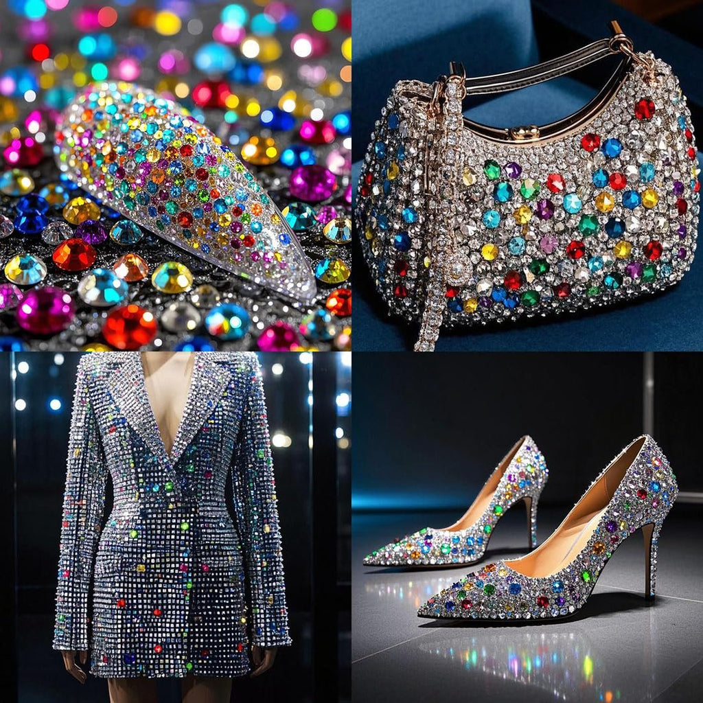 Collage of items decorated with colorful rhinestones: a nail, a handbag, a jacket, and high heels.
