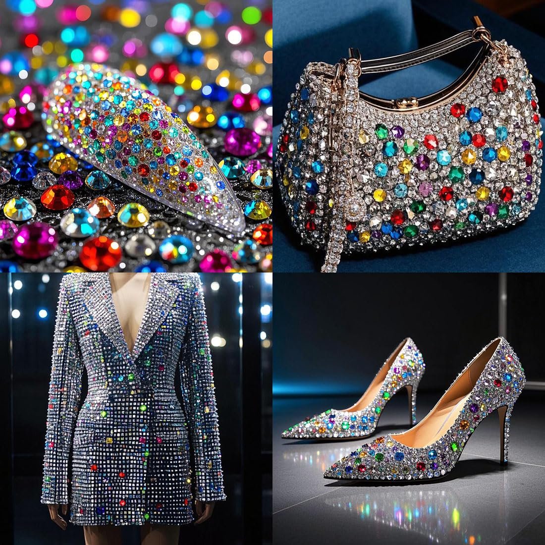 Collage of items decorated with colorful rhinestones: a nail, a handbag, a jacket, and high heels.
