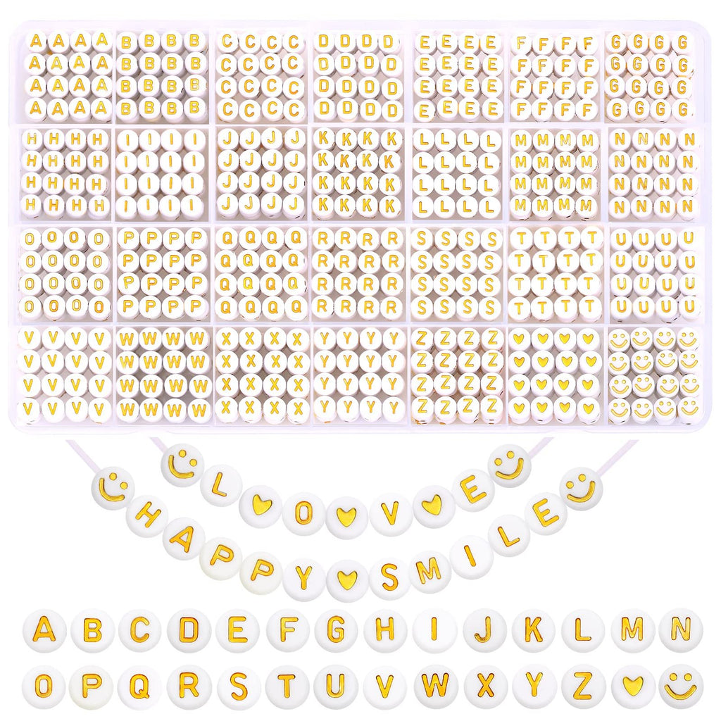 Round letter beads in plastic organizer tray, with alphabet beads, heart beads, and smiley face beads.