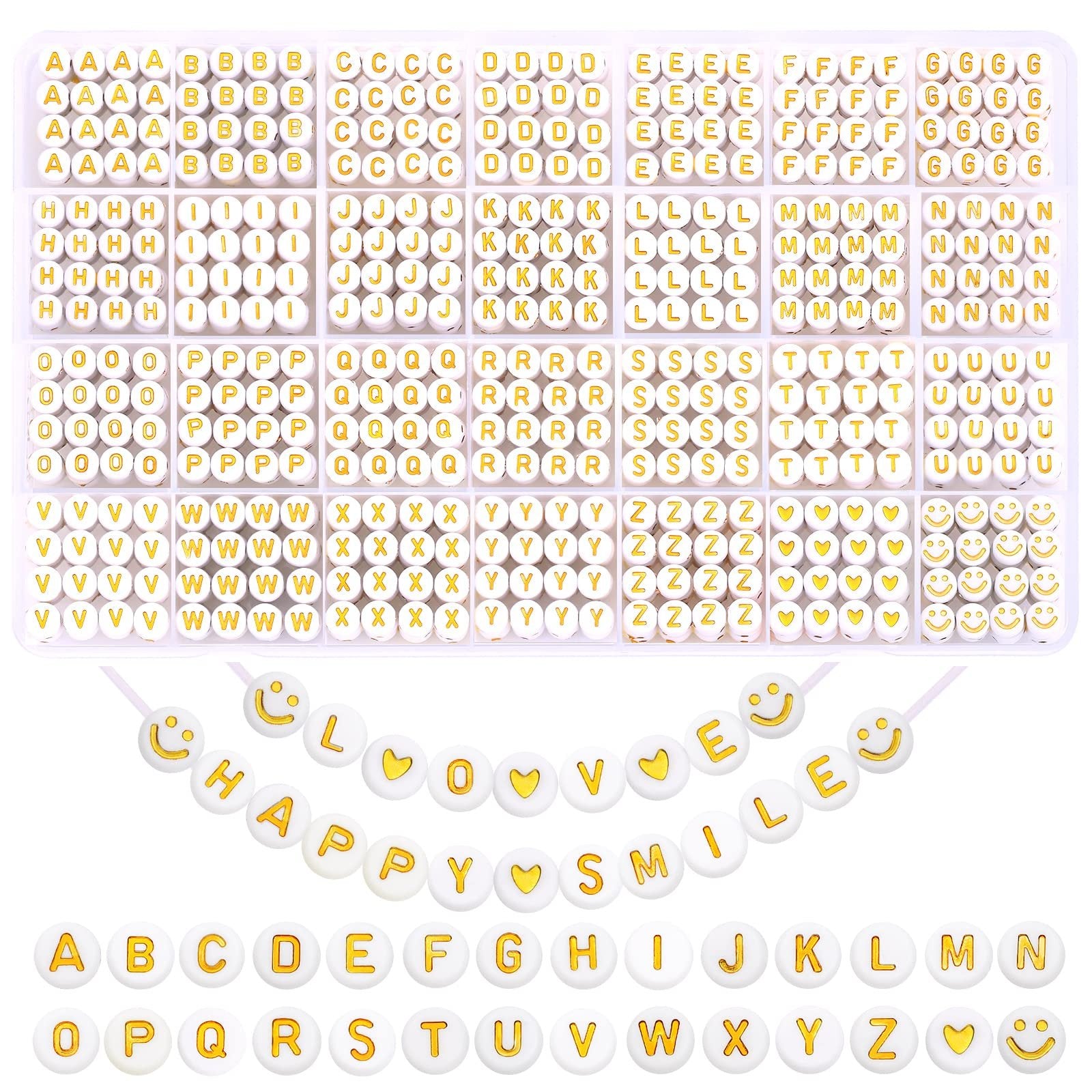 Round letter beads in plastic organizer tray, with alphabet beads, heart beads, and smiley face beads.