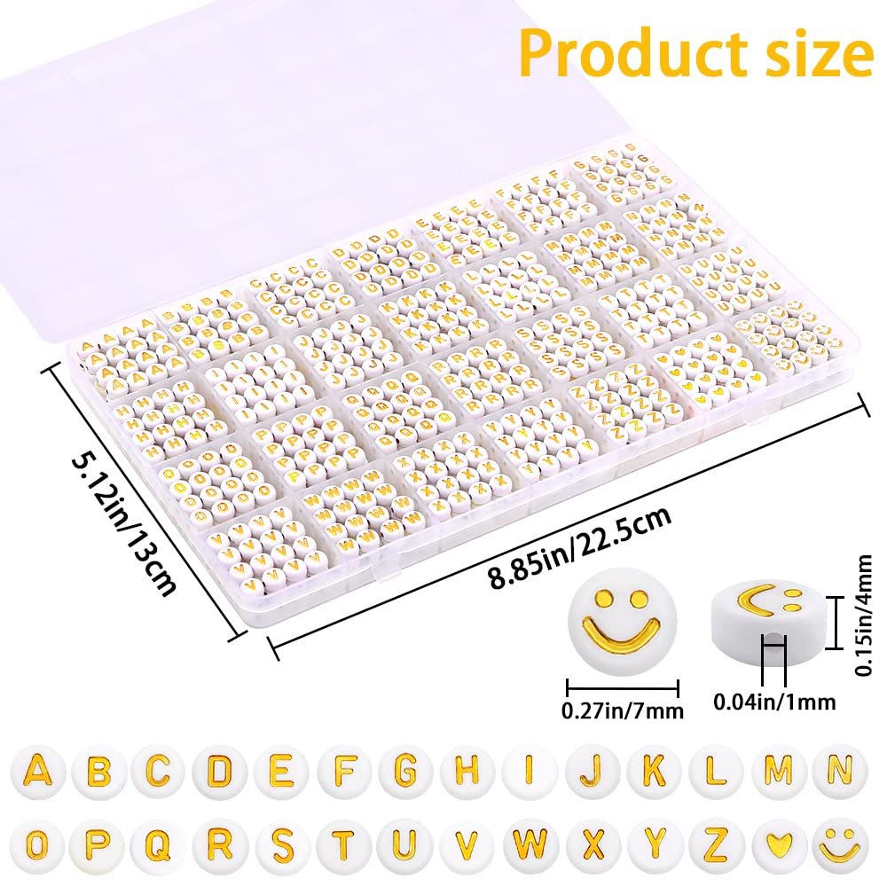 Round letter beads kit in a clear organizer case, showing dimensions and individual beads.