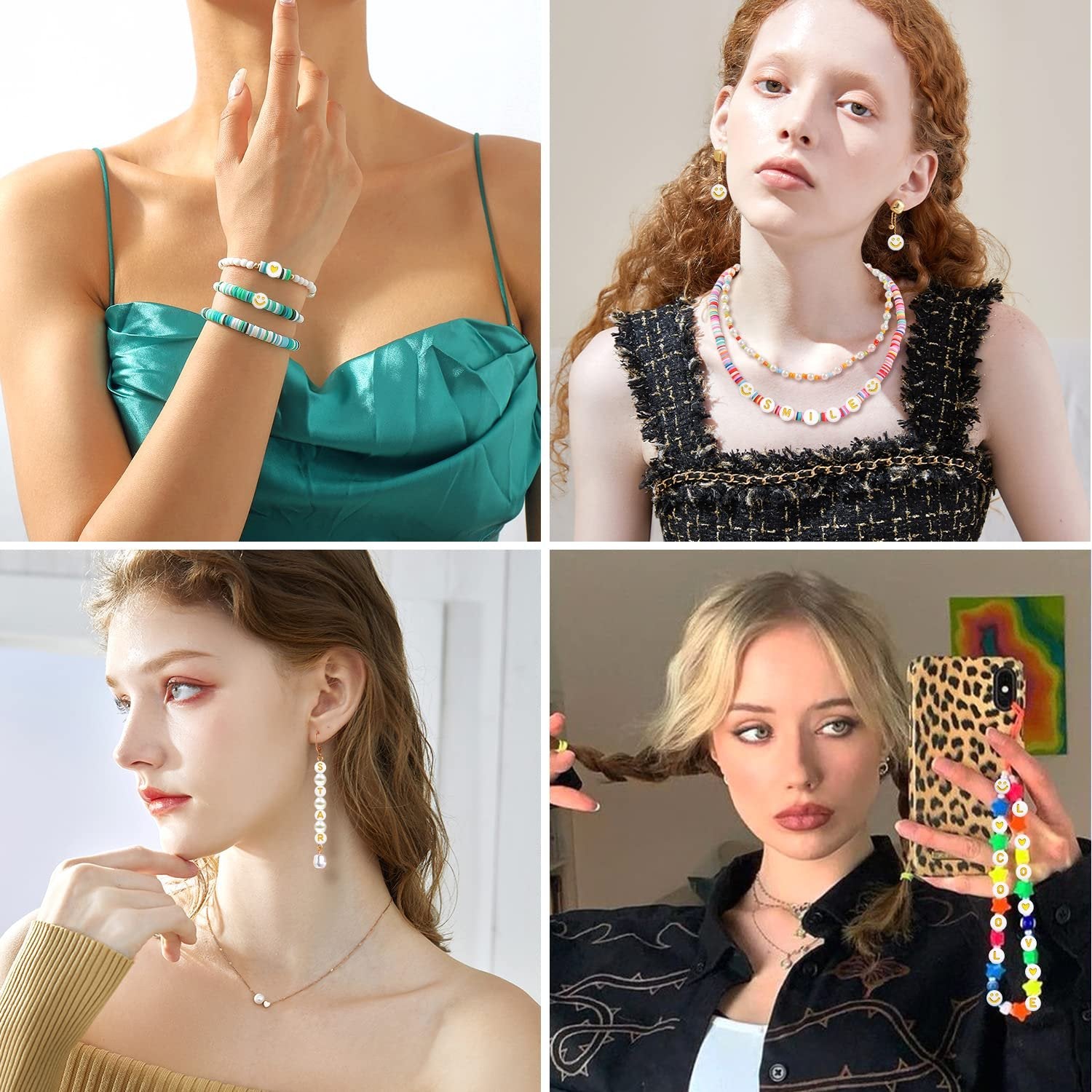 Collage of four lifestyle images showing women wearing jewelry made with letter beads and charms.