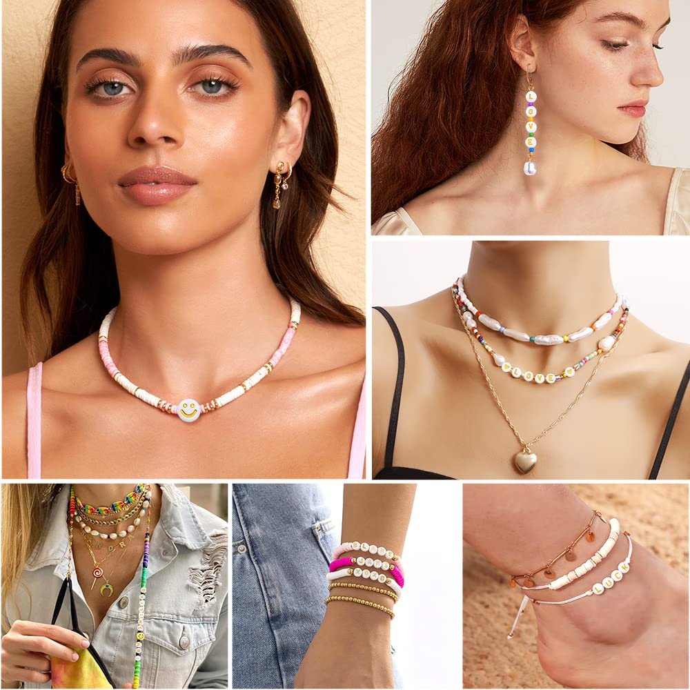 Collage of jewelry made with letter beads: necklaces, earrings, bracelets, and anklet.