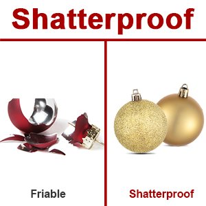 Comparison of fragile broken red ornament and two intact gold shatterproof Christmas ball ornaments.