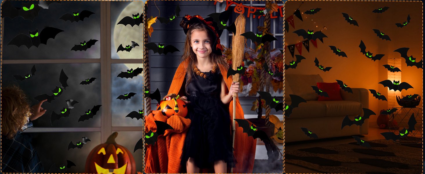 Collage of Halloween decorations featuring glow-in-the-dark bat decals on windows, a girl in a witch costume, and a living room.