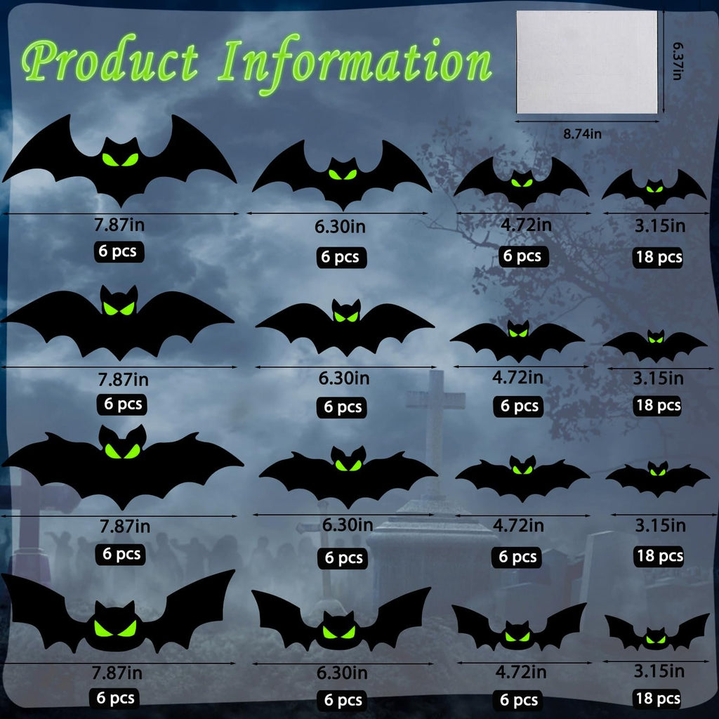 Glow in the dark 3D bat wall decals in various sizes and quantities, with product information and dimensions displayed.