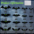 Glow in the dark 3D bat wall decals in various sizes and quantities, with product information and dimensions displayed.