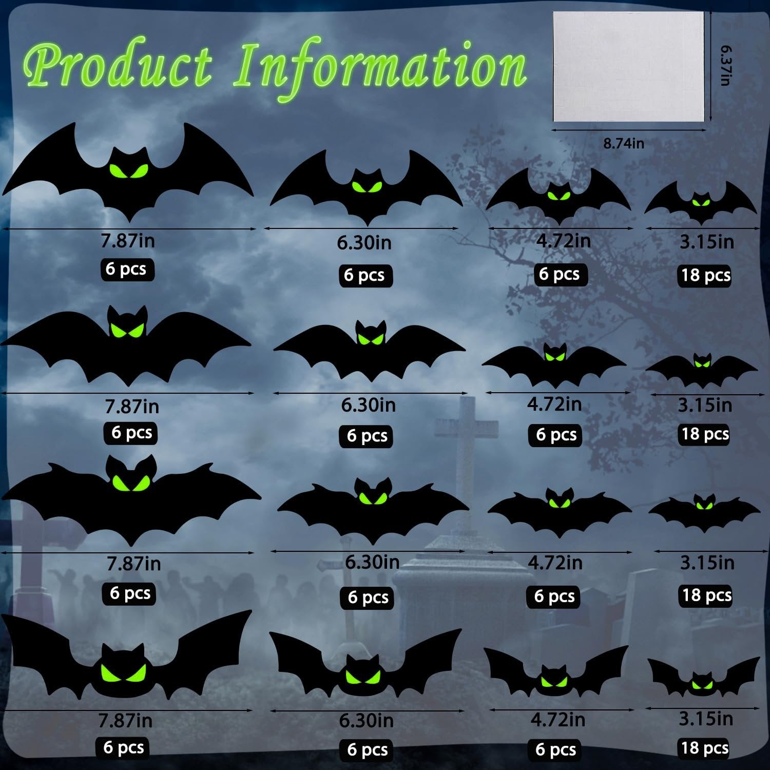 Glow in the dark 3D bat wall decals in various sizes and quantities, with product information and dimensions displayed.