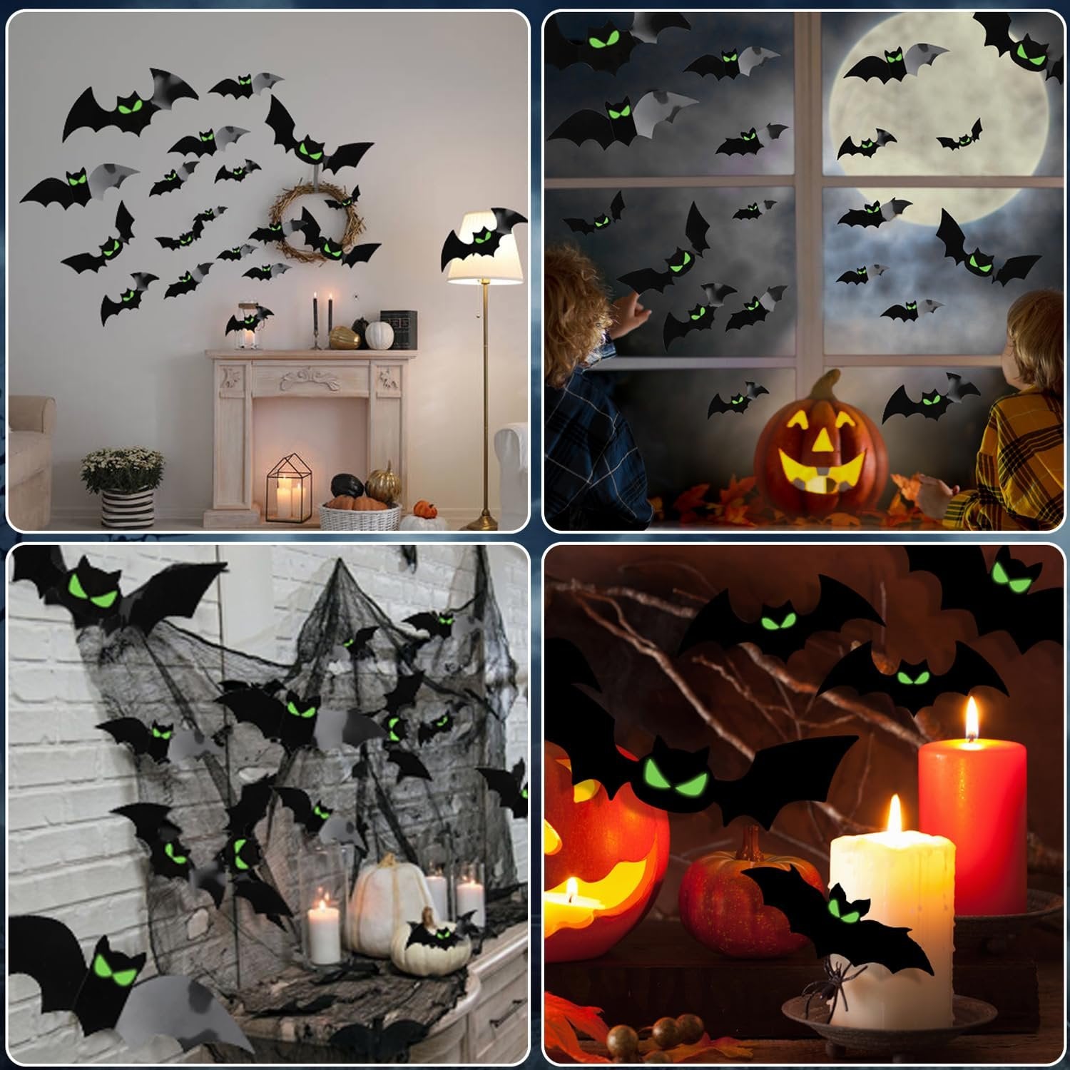 Collage of Halloween bat wall decals in various settings: on a wall above a fireplace, on a window with children looking out, draped with netting, and near candles and pumpkins.