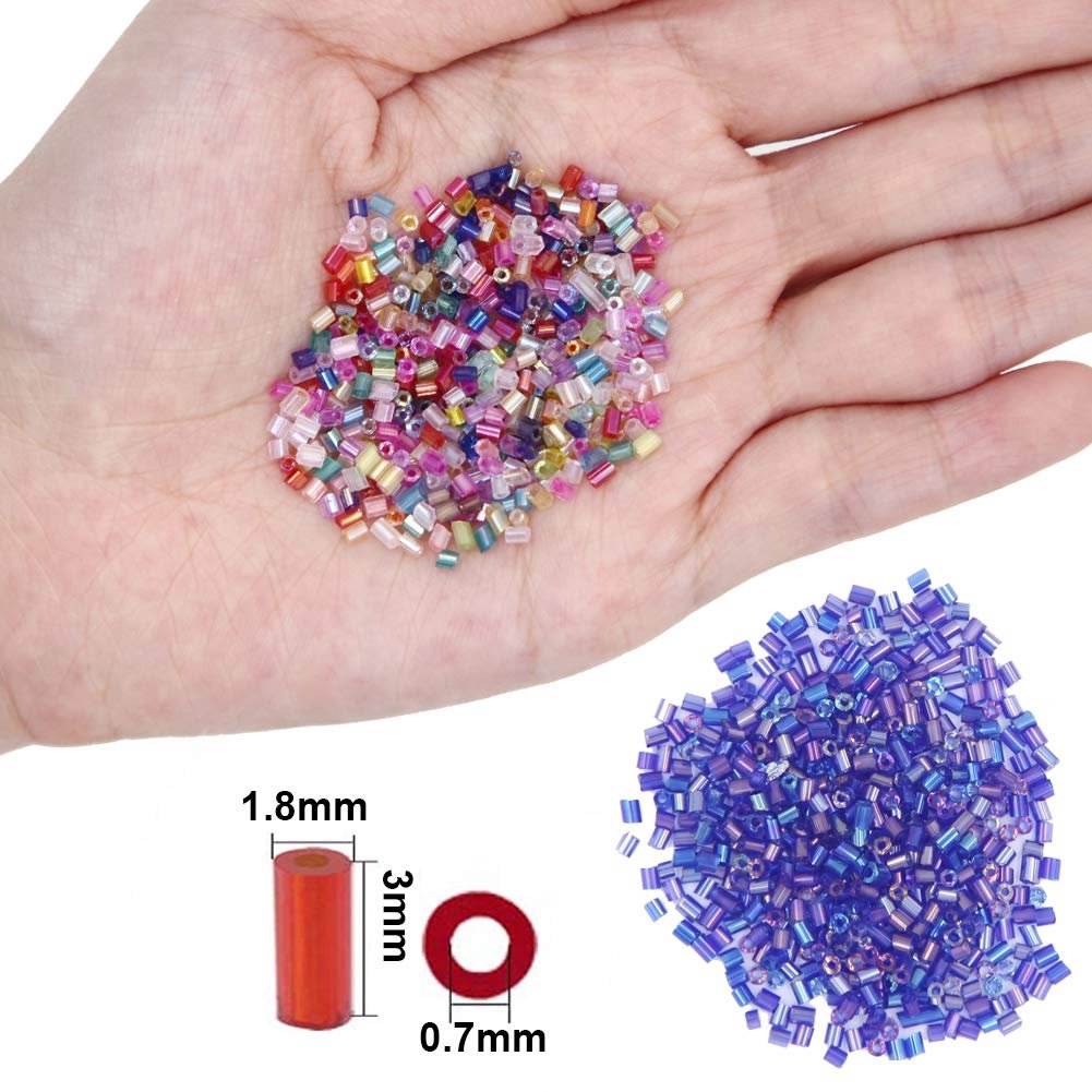 Hand holding colorful bugle glass seed beads next to a pile of blue beads, with size dimensions shown for one bead.
