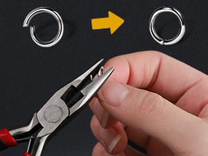 Hand using pliers to close a jump ring for keychain making, with before and after jump rings shown.