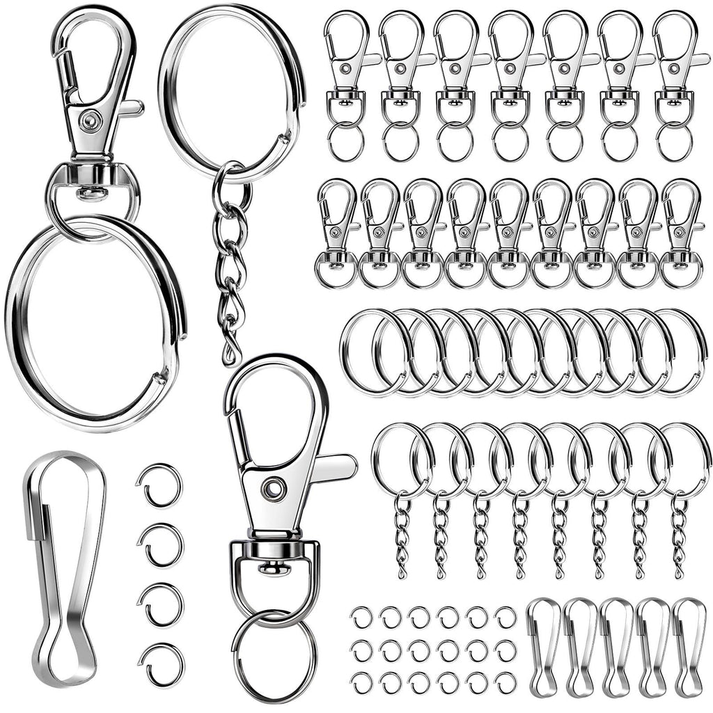 Assortment of silver-tone keychain making supplies including lobster clasps, key rings, lanyard clips, and jump rings on a white background.
