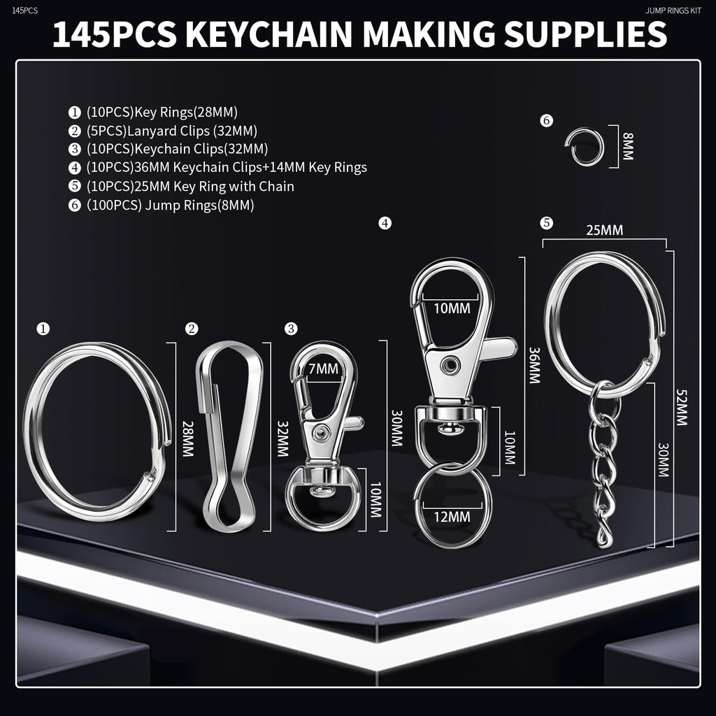 Keychain making supplies including key rings, lanyard clips, keychain clips, and jump rings with dimensions labeled.