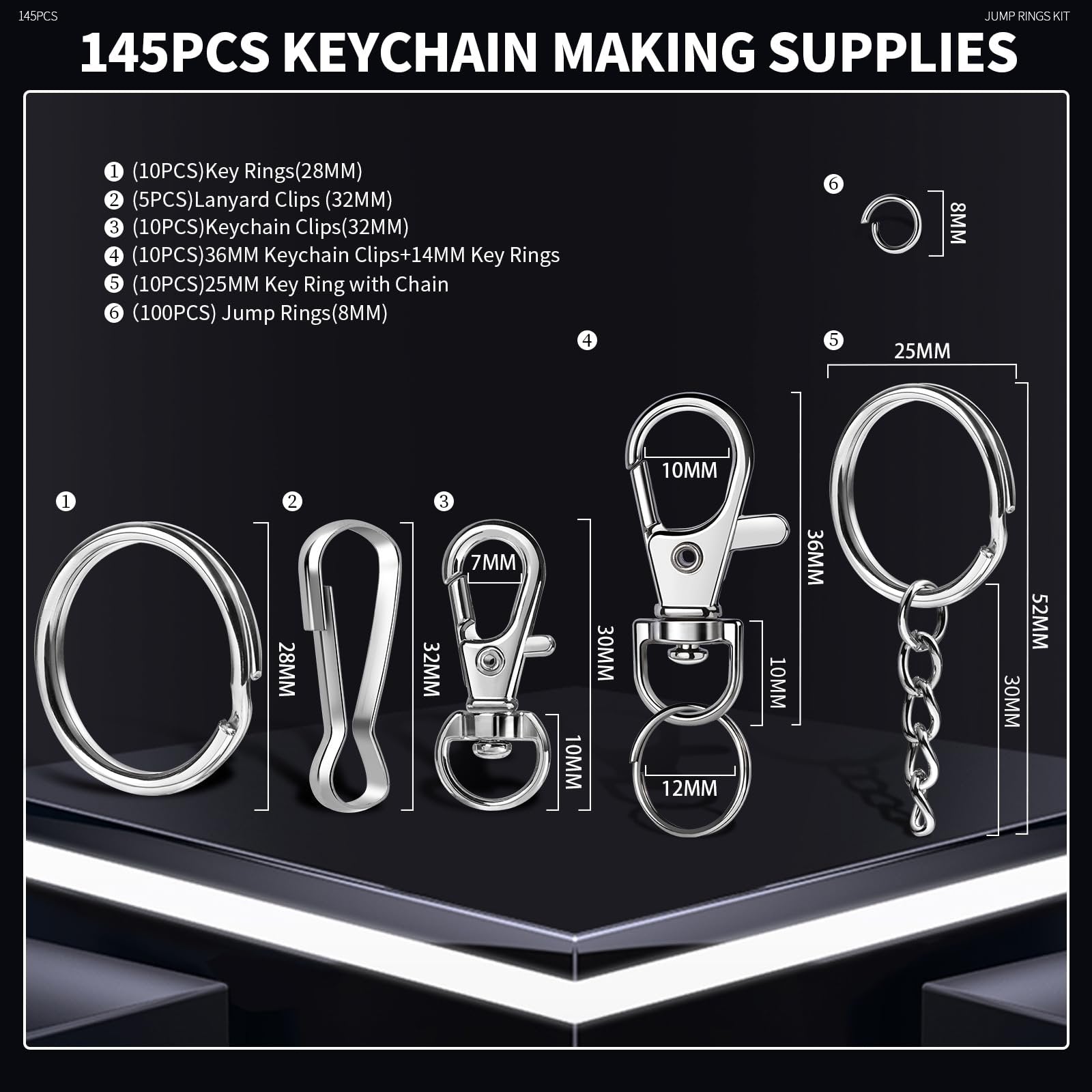 Keychain making supplies including key rings, lanyard clips, keychain clips, and jump rings with dimensions labeled.