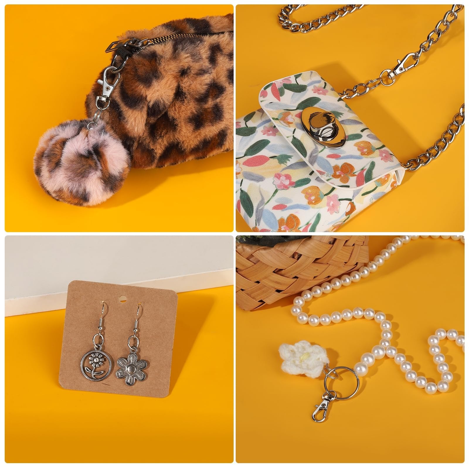 Collage of keychain making kit components: leopard print pouch with pompom, floral coin purse with chain, flower dangle earrings on card, and pearl necklace with keychain charm.