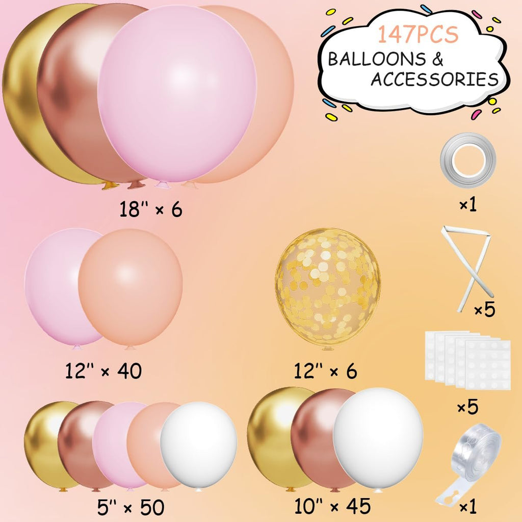 Rose gold, gold, pink, and nude balloons with confetti balloons and accessories for an arch kit.