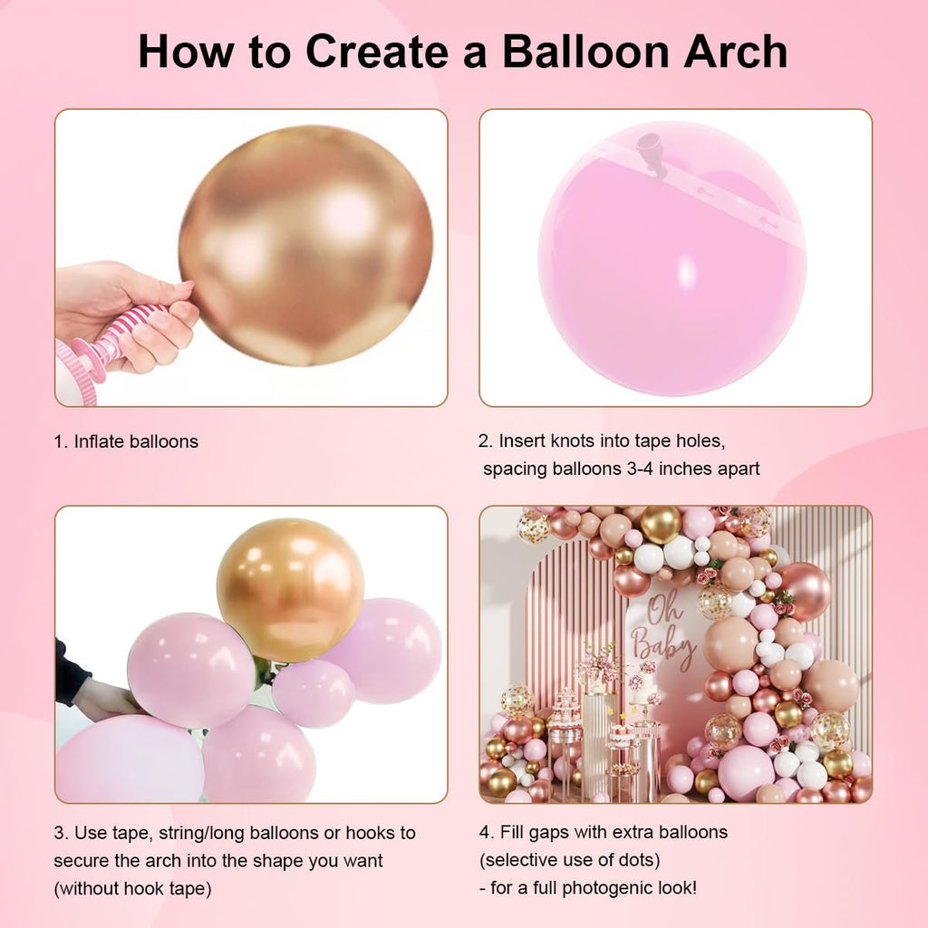 Instructions for creating a balloon arch with four steps: inflating, attaching to tape, securing, and filling gaps.