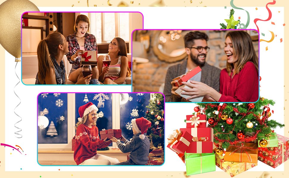 Collage of people exchanging gifts during holidays and a Christmas tree with presents