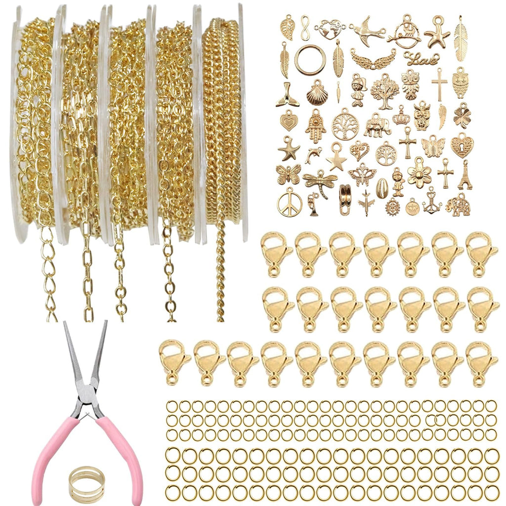 Gold jewelry making kit with chains, charms, clasps, jump rings, and pliers on a white background.